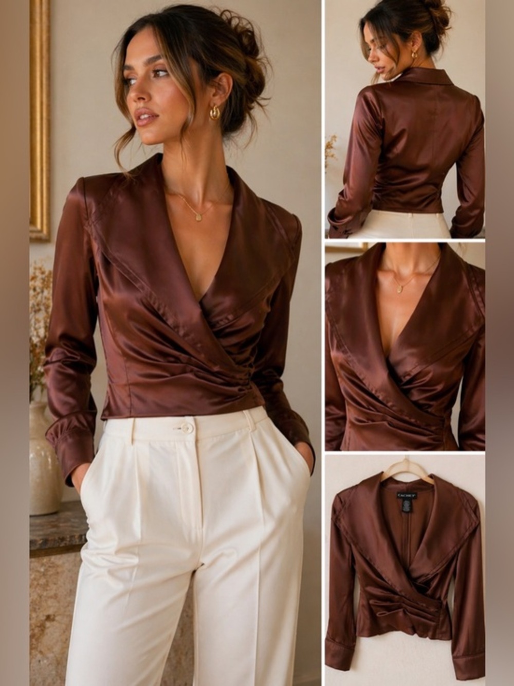 Vintage Cachet Satin Wrap Blouse Brown Draped V-Neck Top S